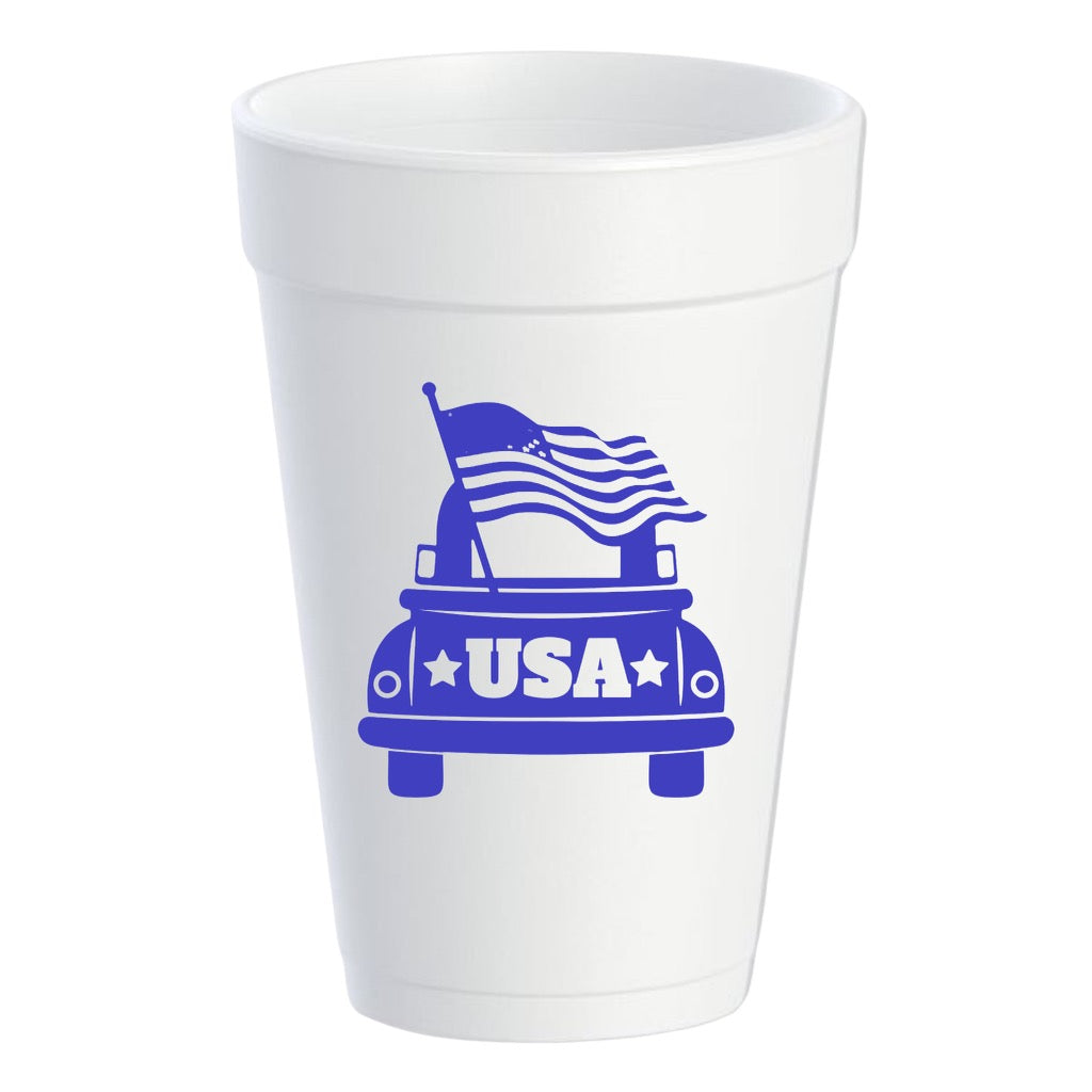 Blue USA Patriotic Truck and Flag - 16 oz. Styrofoam Cups
